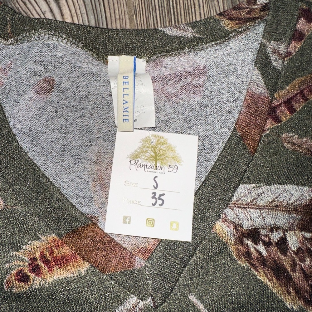 Bellamie Olive Feather Print V-Neck Sweater Dress Pockets Fall Boots Autumn - Picture 5 of 7